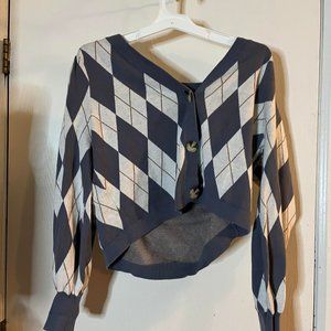 SO Patterned Blue White and Brown Button Up Sweater